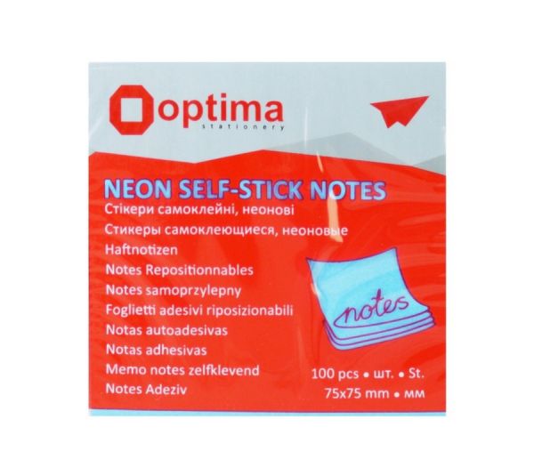 Бумага с липким слоем 75х75 100л неон синяя Optima O25513-11 12/384шт/уп