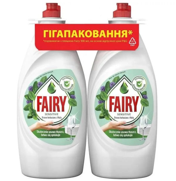 Засіб для миття посуду Fairy 750мл х 2 Чайне дерево та м'ята